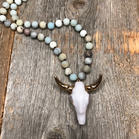 Natural Amazonite Stone Skull Bohemian Necklace - Picture 4 of 6